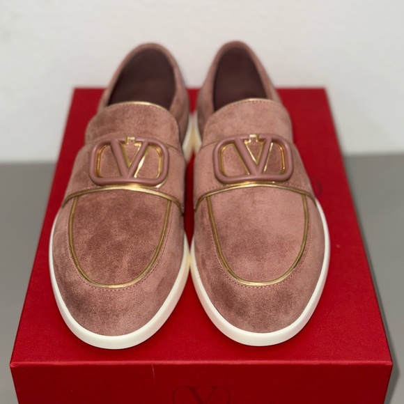Valentino Women's Suede Loafers Pink and Gold